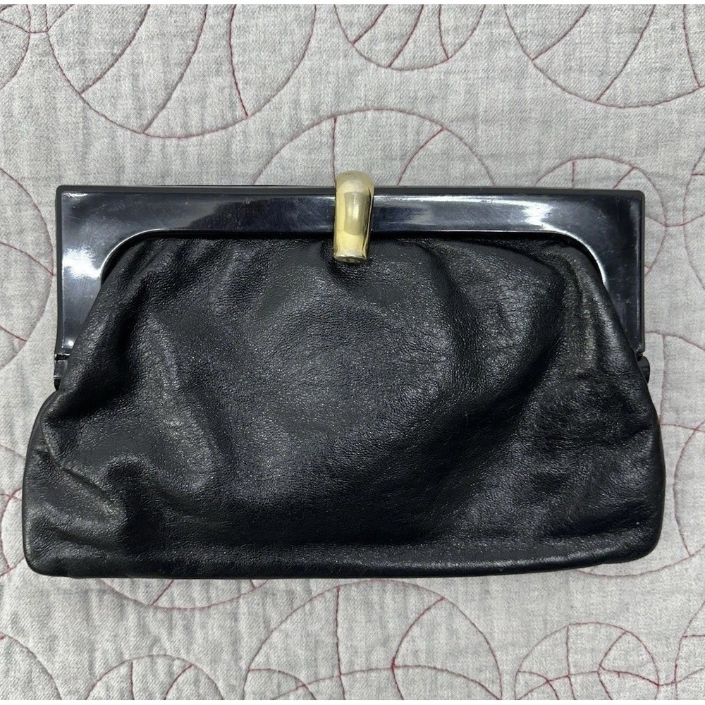 Vintage Macy's Italy Black Leather Clutch Purse‎ Lucite Frame Kiss Lock
